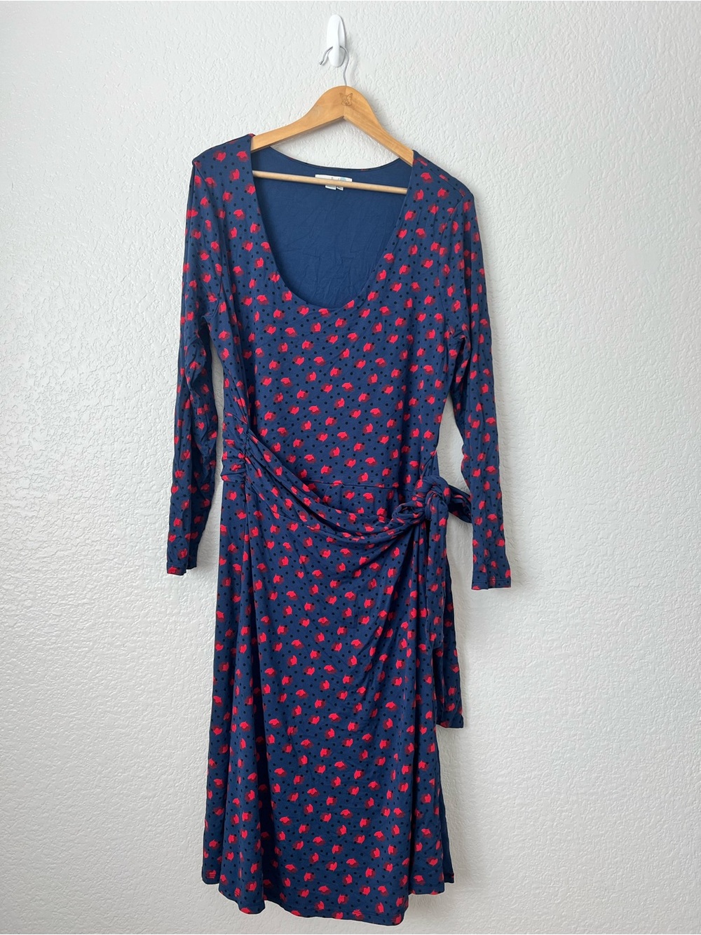 Boden Size 18 Tall Navy Red Floral Faux Wrap Jersey Dress Scoop Neck Tie Waist